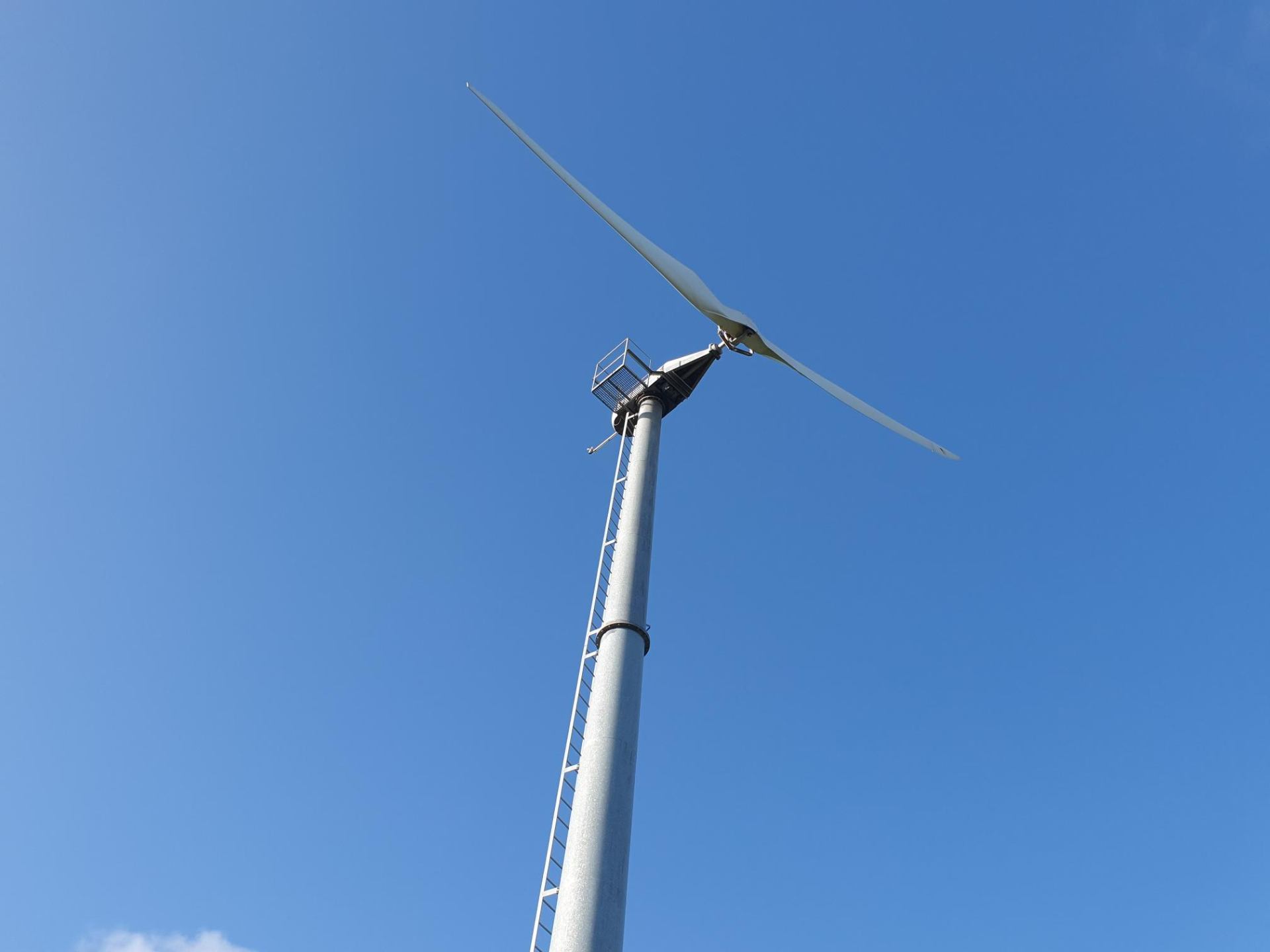 Repowered Ryse Energy G-11 small wind turbine on a UK farm site